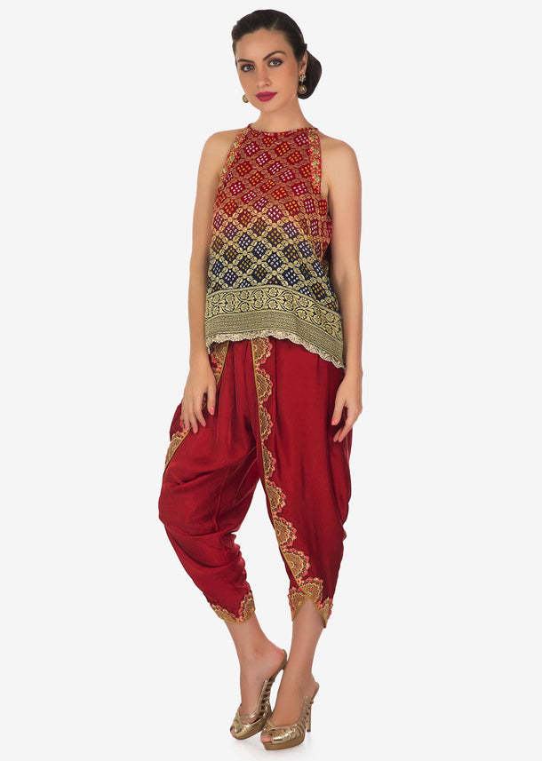 Fancy dhoti set with shaded bandhani embroidered top only on Kalki