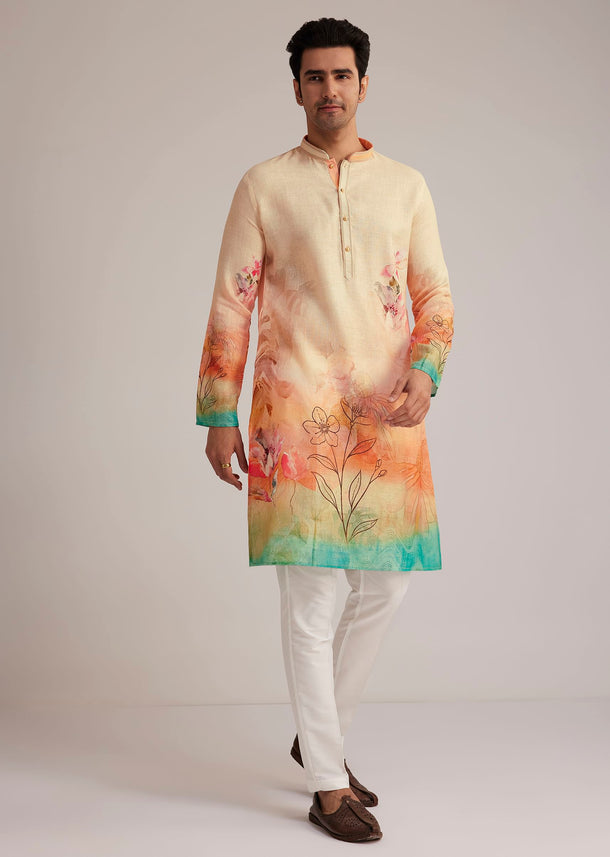 Fawn Linen Ombre Kurta Set With Floral Print