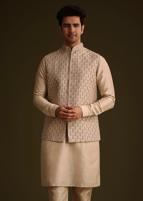 Fawn Silk Jacket Set With Dori Work