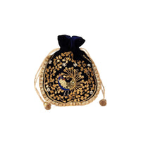 Featuring velvet potli bag in gotta patch work in peacock motif kalki