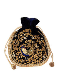 Featuring velvet potli bag in gotta patch work in peacock motif kalki