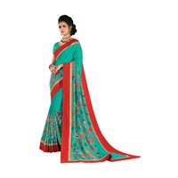 Fern green saree in floral print with red contrast border