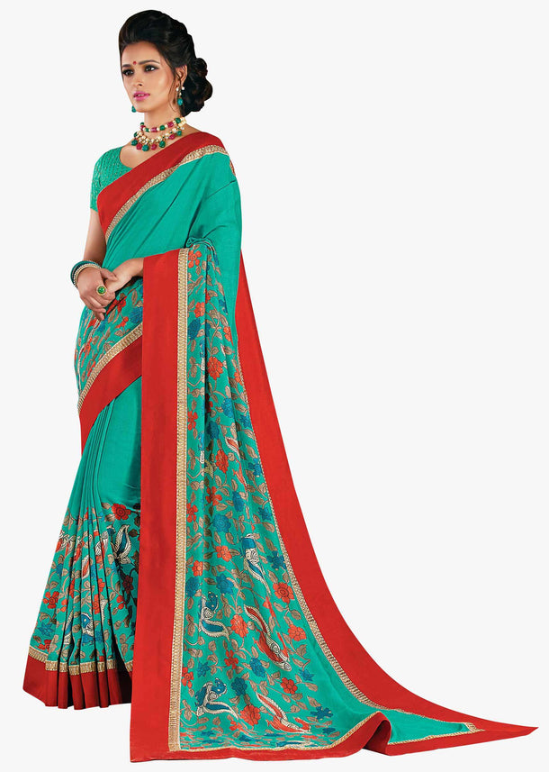 Fern green saree in floral print with red contrast border