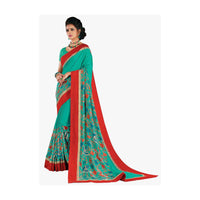 Fern green saree in floral print with red contrast border