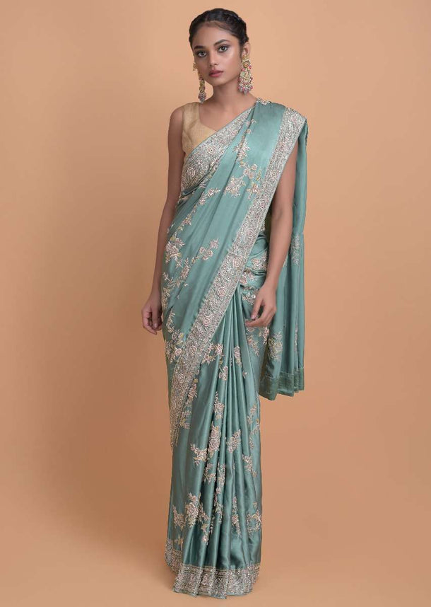 Fern Green Saree In Satin With Embellished Floral Pattern Online - Kalki Fashion