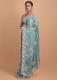 Fern Green Saree In Satin With Embellished Floral Pattern Online - Kalki Fashion