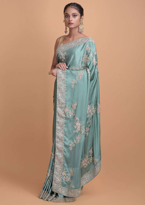 Fern Green Saree In Satin With Embellished Floral Pattern Online - Kalki Fashion