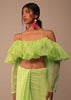 Fern Green Crepe Saree With Organza Frilled Blouse
