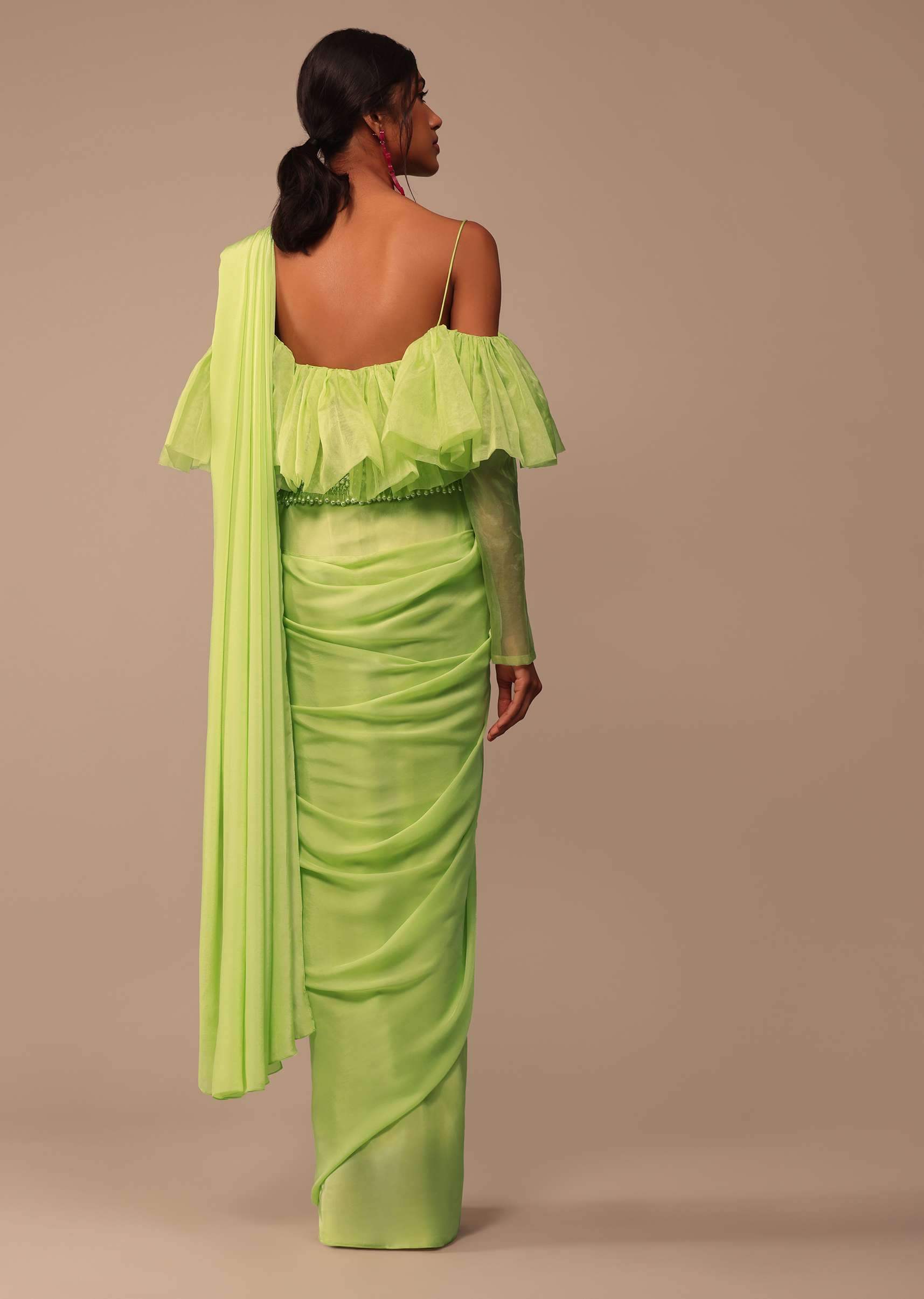 Fern Green Crepe Saree With Organza Frilled Blouse