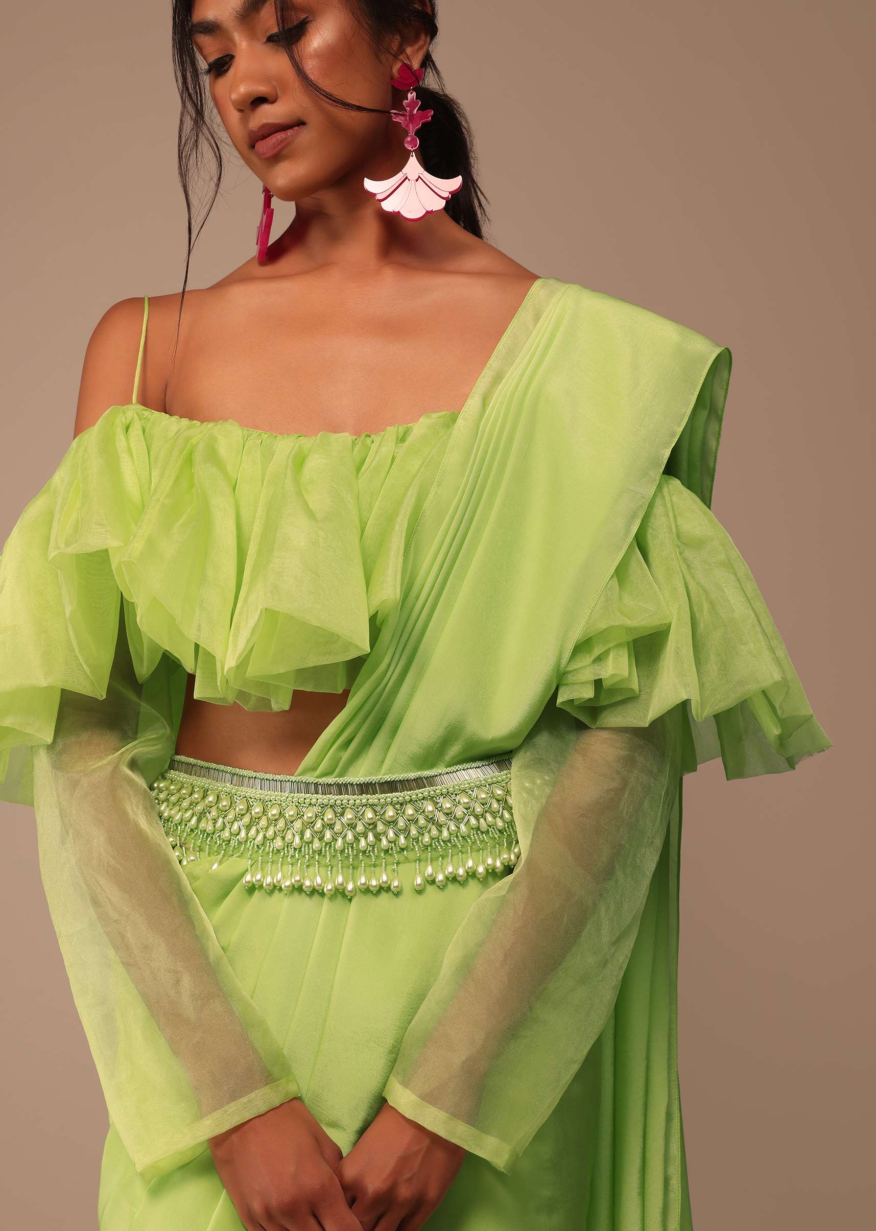 Fern Green Crepe Saree With Organza Frilled Blouse