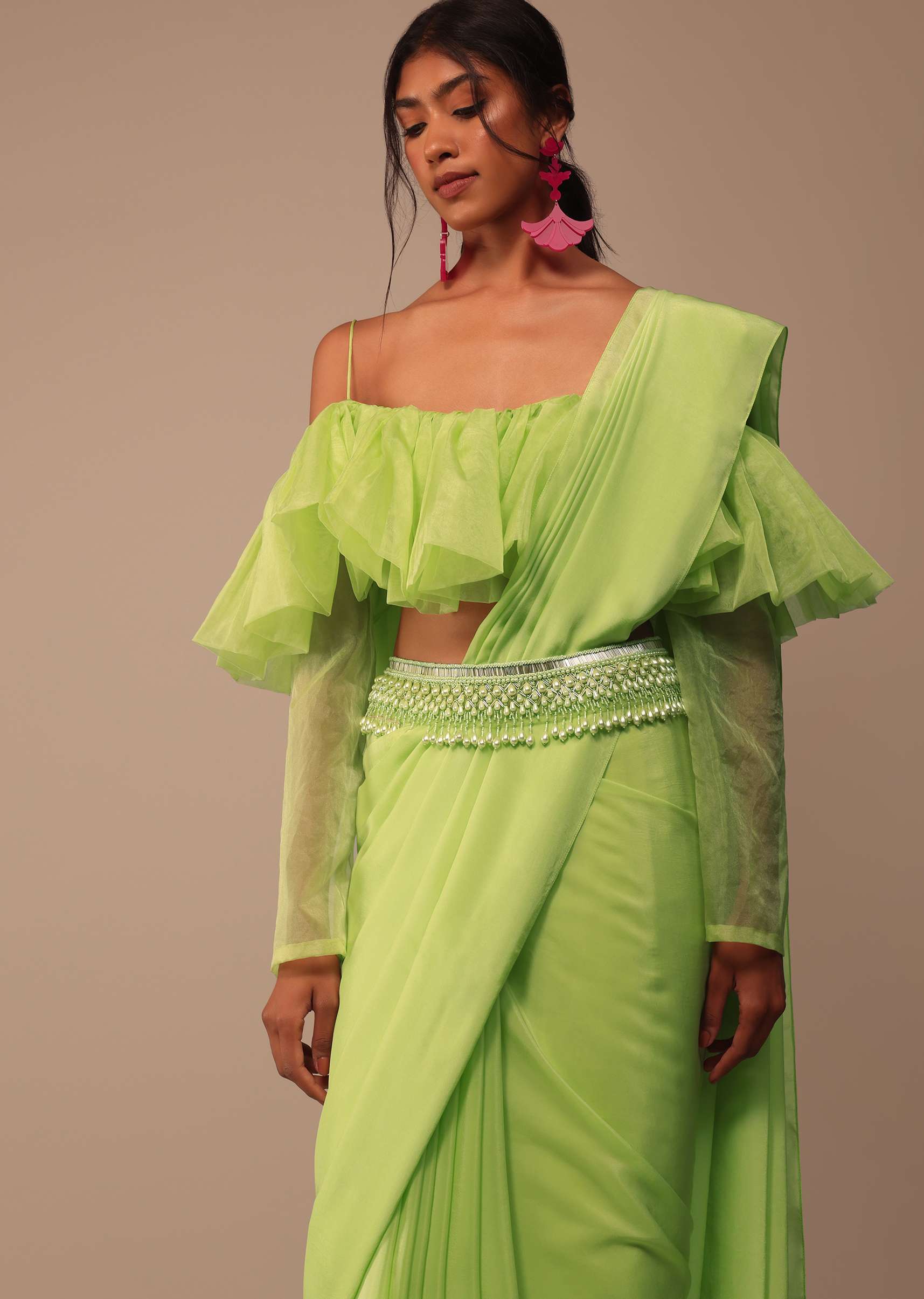 Fern Green Crepe Saree With Organza Frilled Blouse