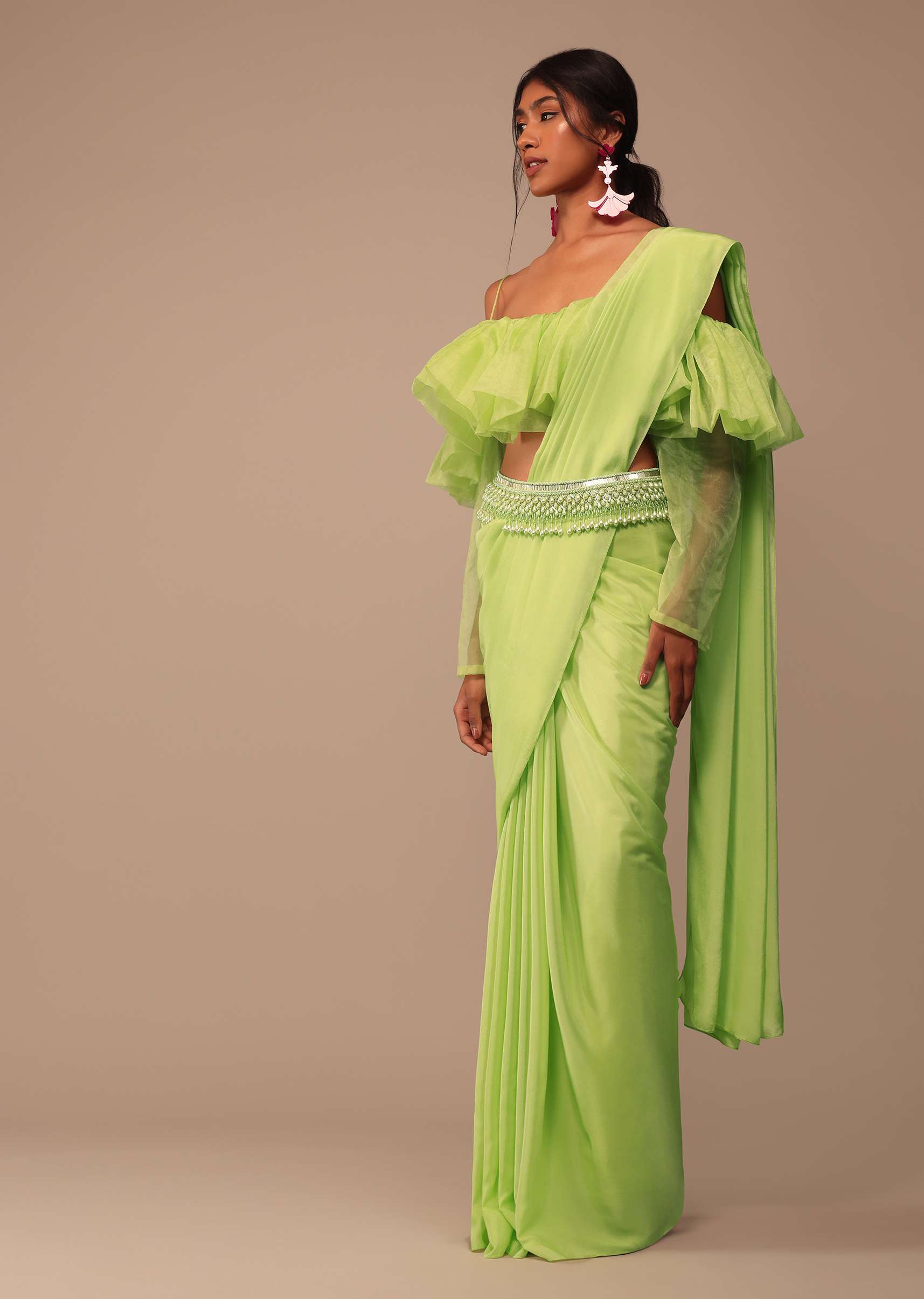 Fern Green Crepe Saree With Organza Frilled Blouse