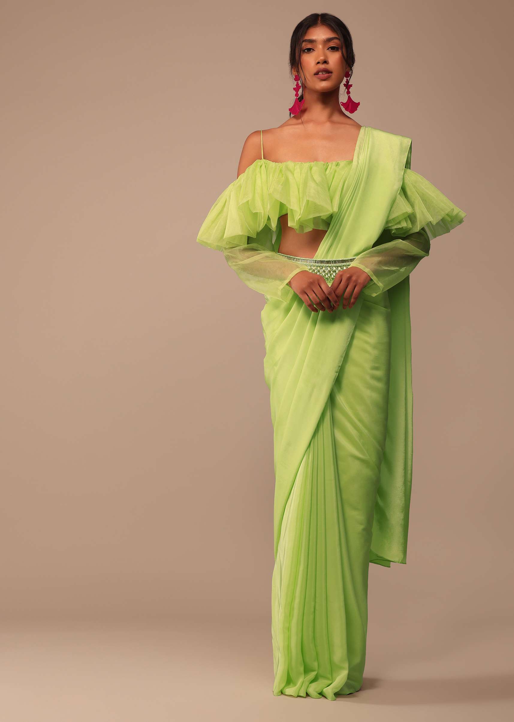 Fern Green Crepe Saree With Organza Frilled Blouse