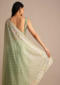 Fern Green Embroidered Tissue Saree In Sequin With Unstitched Blouse