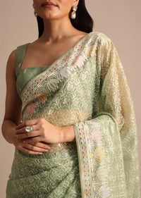 Fern Green Embroidered Tissue Saree In Sequin With Unstitched Blouse