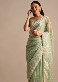 Fern Green Embroidered Tissue Saree In Sequin With Unstitched Blouse