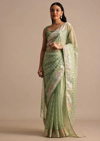 Fern Green Embroidered Tissue Saree In Sequin With Unstitched Blouse