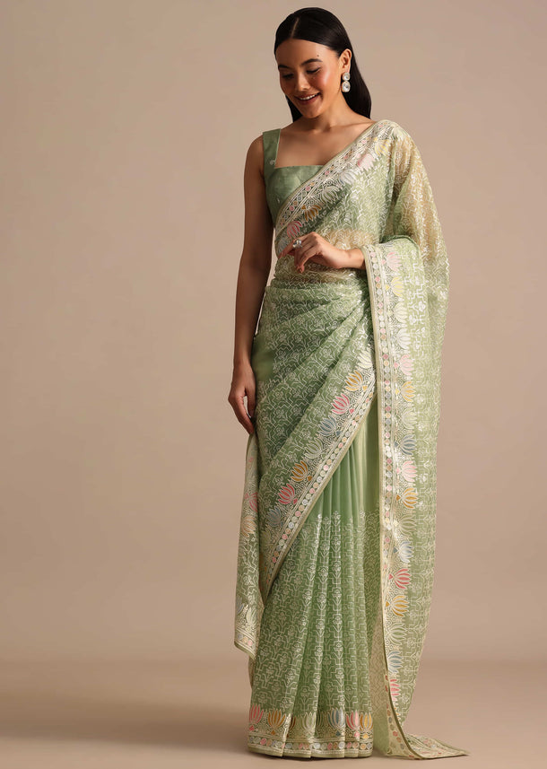 Fern Green Embroidered Tissue Saree In Sequin With Unstitched Blouse