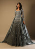 Fern Green Gown In Net With Geometric Hand Embroidery And Organza Drapes On The Sides