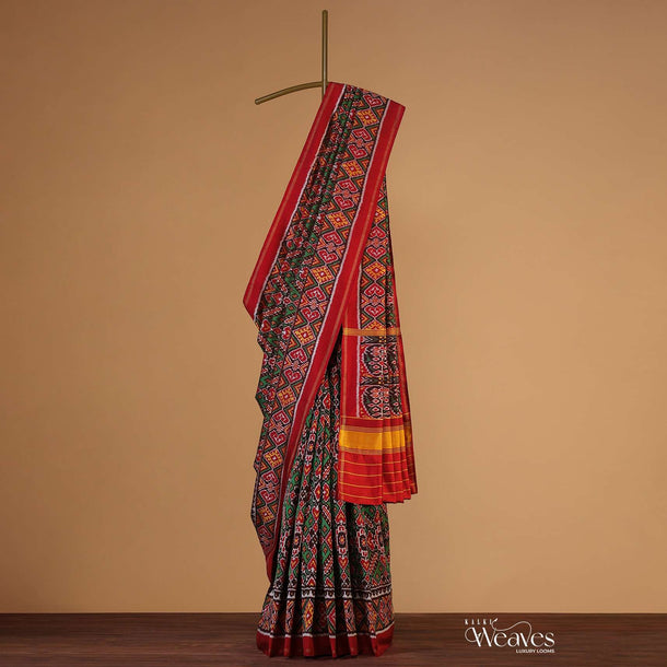 Fern Green Handloom Double Ikat Patola Woven Saree In Linen With An Unstitched Blouse