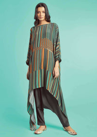 Fern Green Kurta Set With Multi Colored Striped And Checks Pattern And Grey Low Crotch Pants