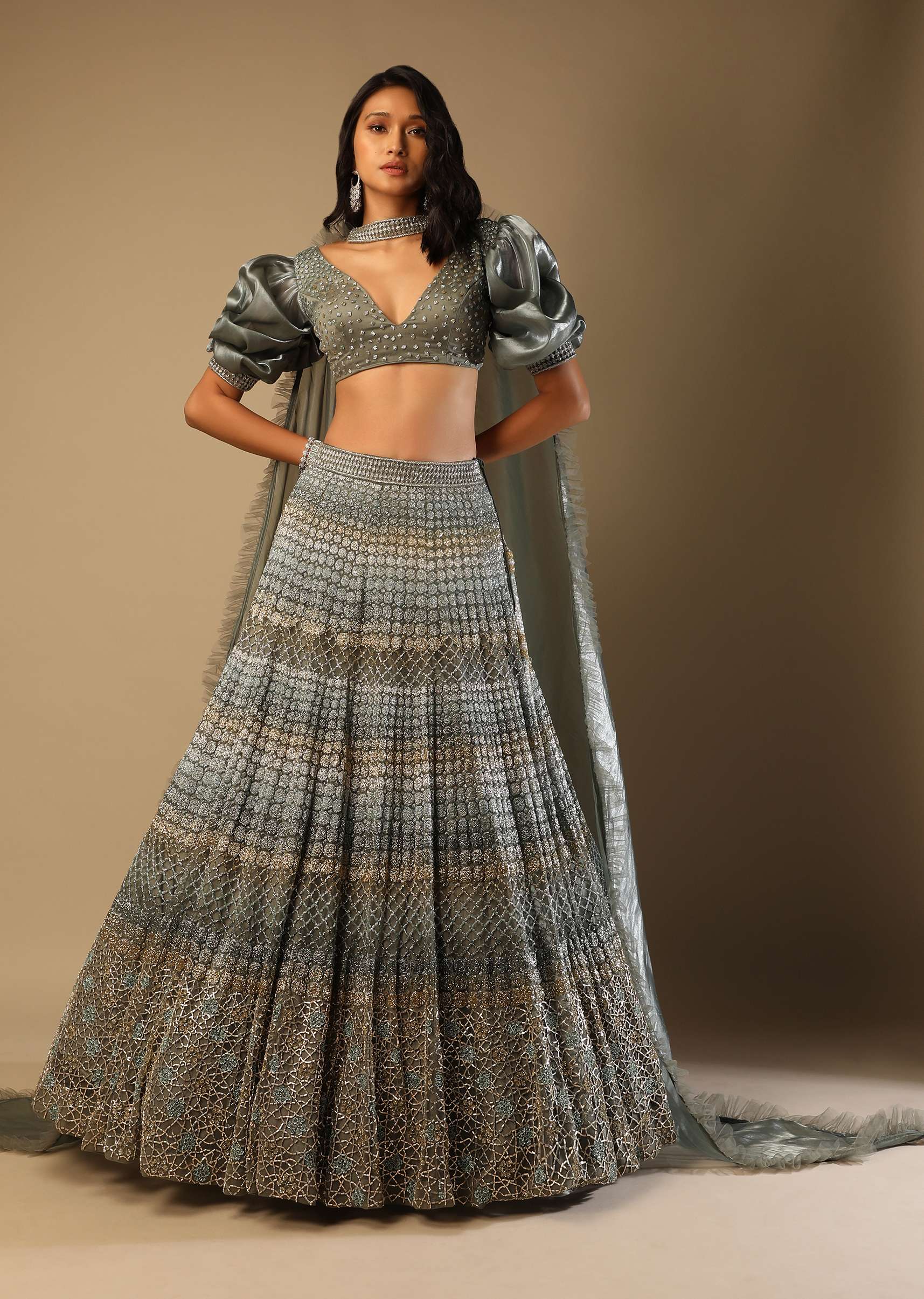 Fern Green Lehenga Choli In Net With Geometric Hand Embroidery And Fancy Short Puff Sleeves