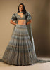 Fern Green Lehenga Choli In Net With Geometric Hand Embroidery And Fancy Short Puff Sleeves