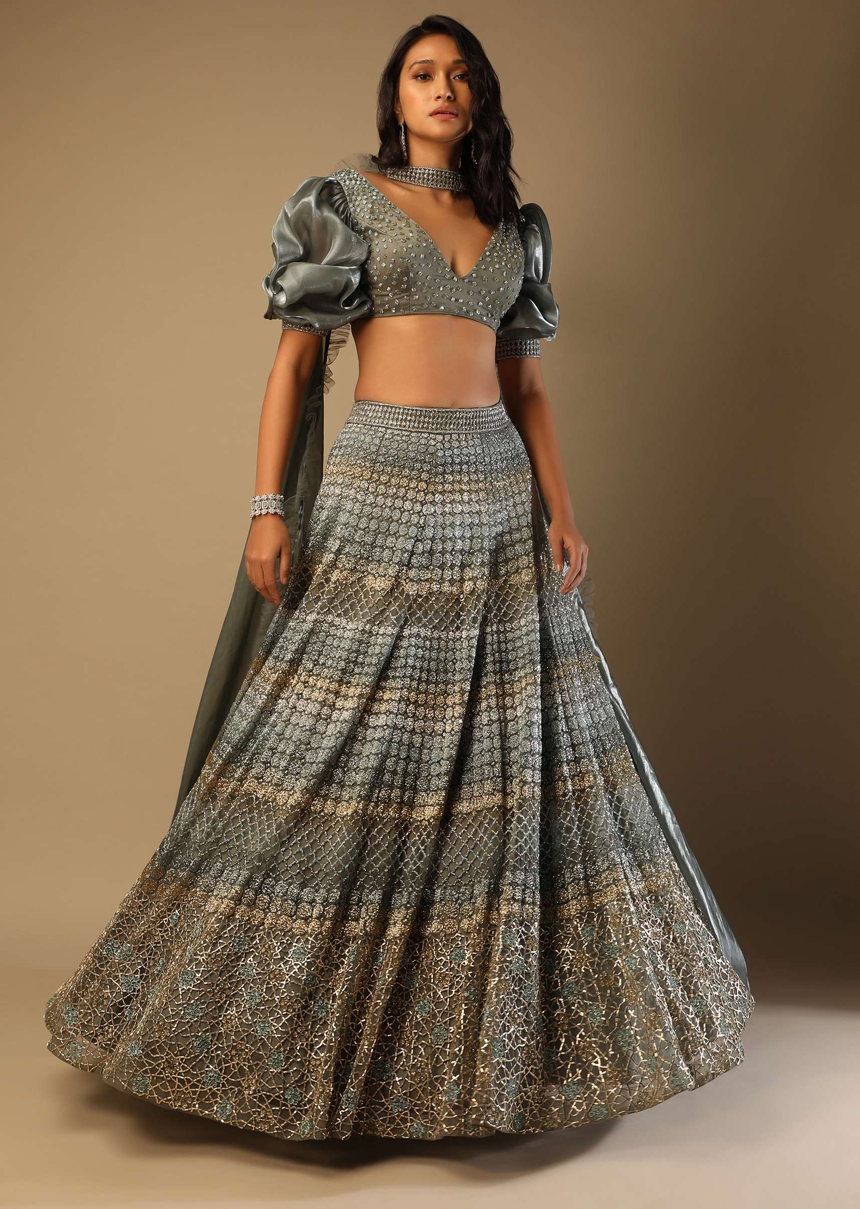 Fern Green Lehenga Choli In Net With Geometric Hand Embroidery And Fancy Short Puff Sleeves