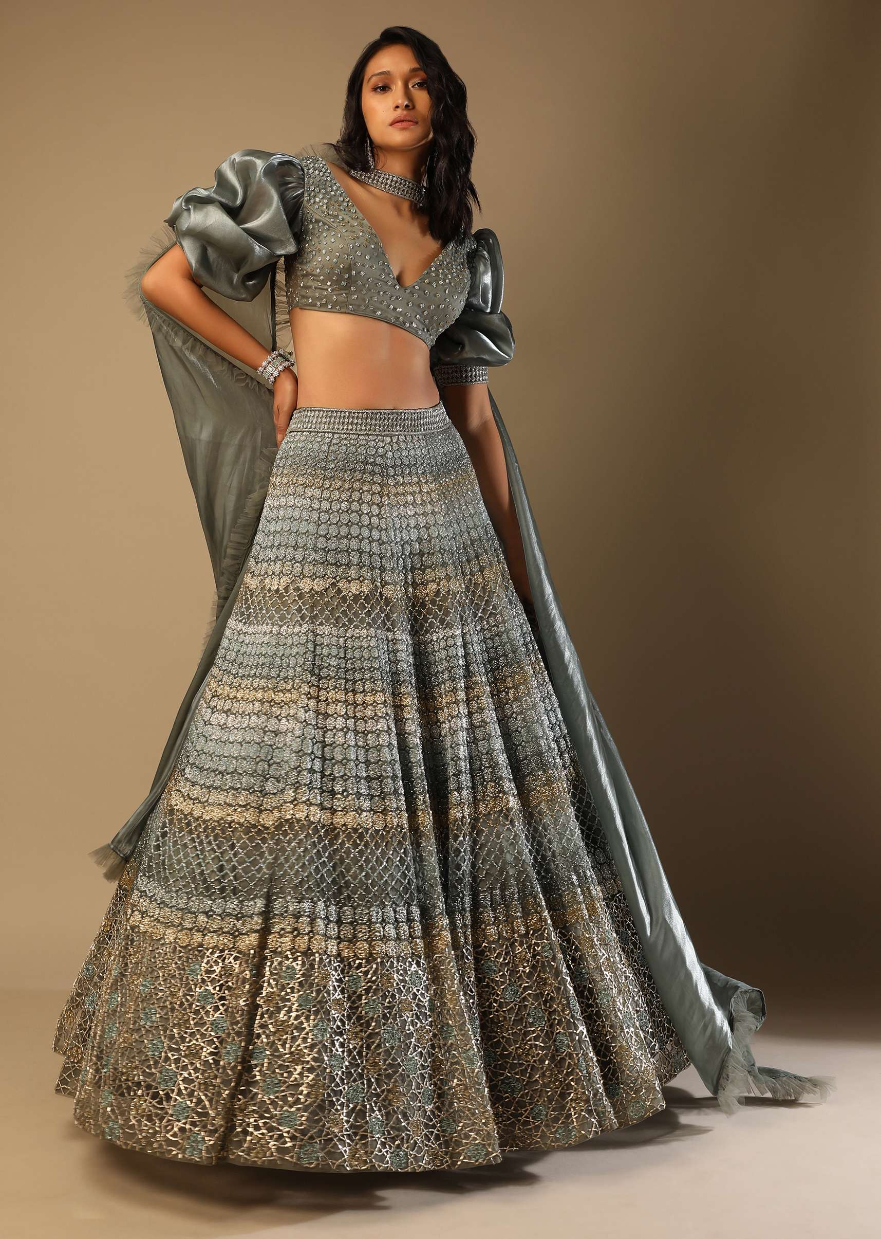 Fern Green Lehenga Choli In Net With Geometric Hand Embroidery And Fancy Short Puff Sleeves