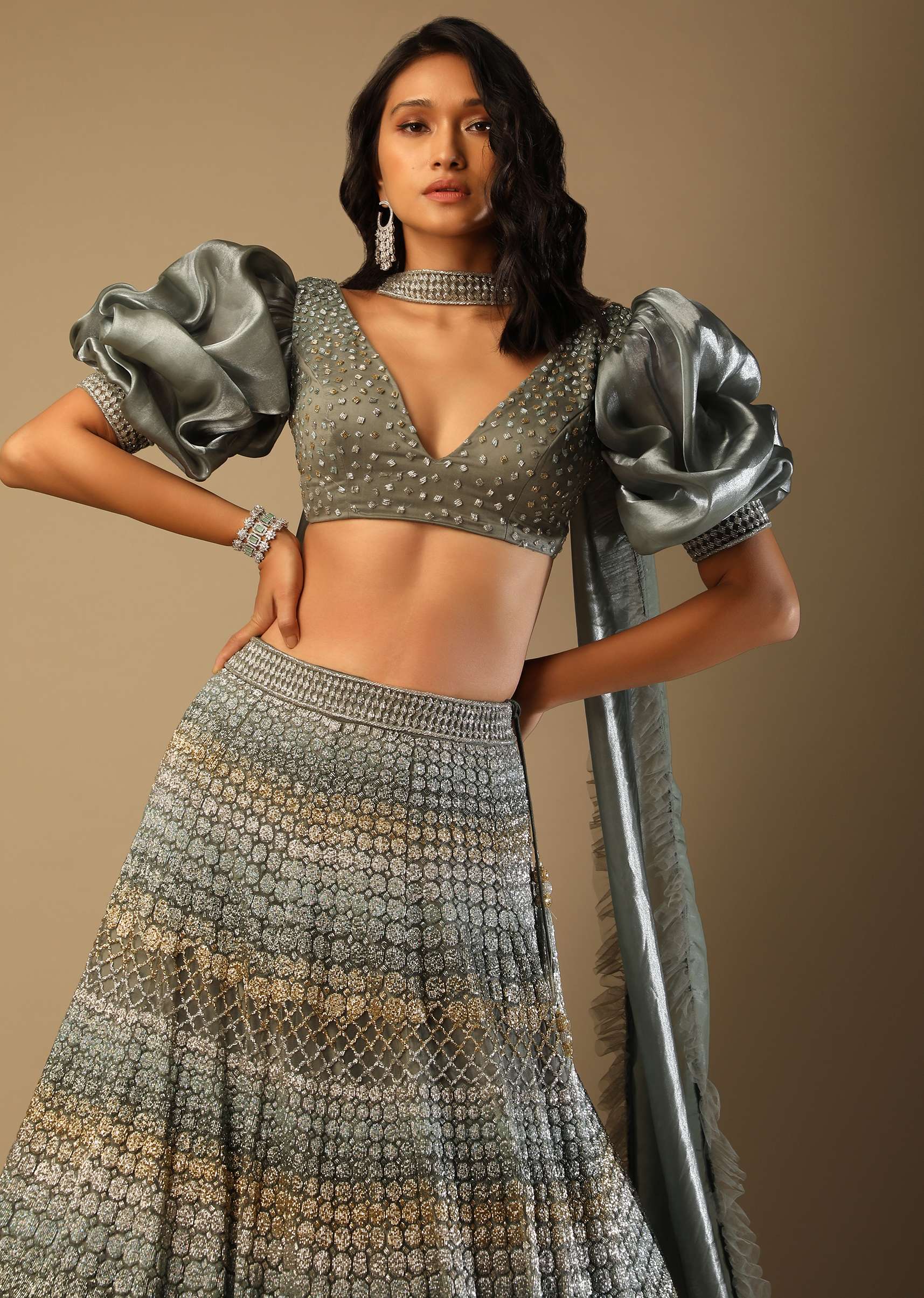 Fern Green Lehenga Choli In Net With Geometric Hand Embroidery And Fancy Short Puff Sleeves