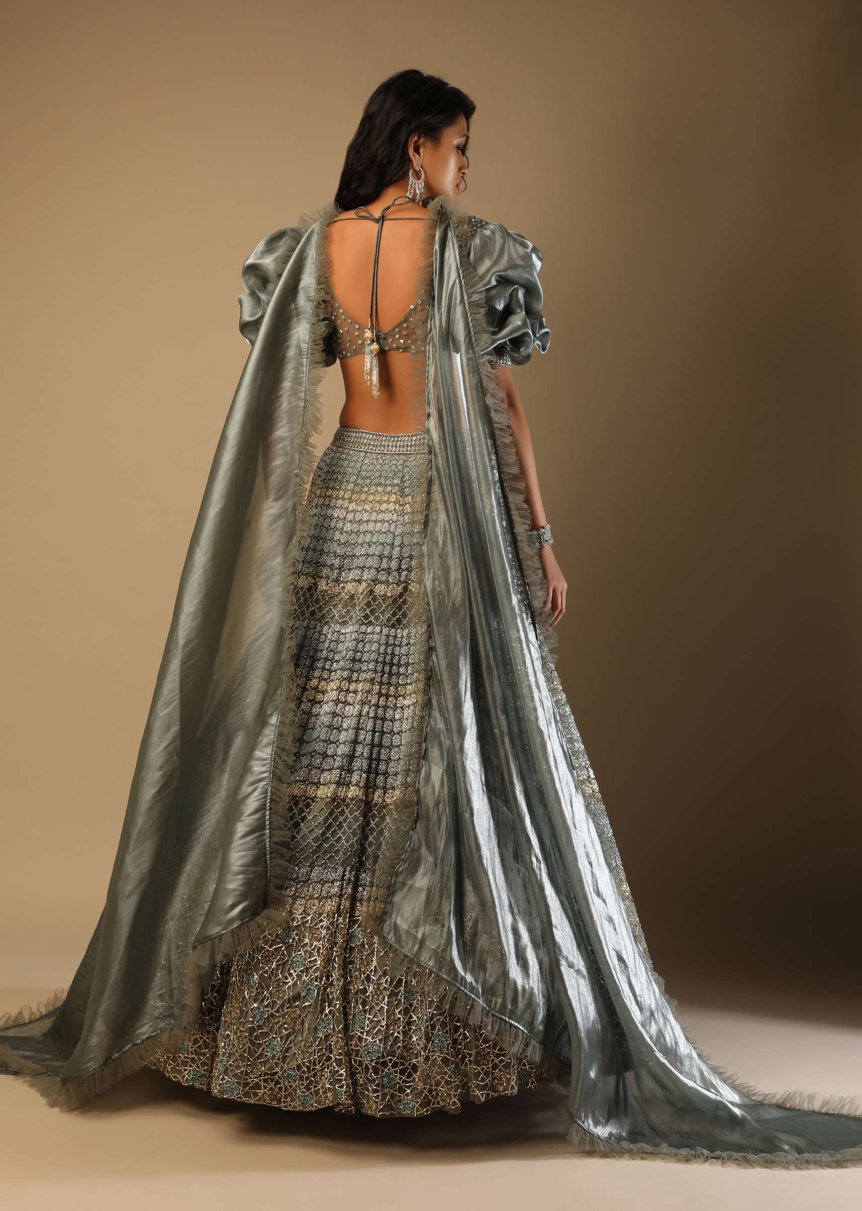 Fern Green Lehenga Choli In Net With Geometric Hand Embroidery And Fancy Short Puff Sleeves