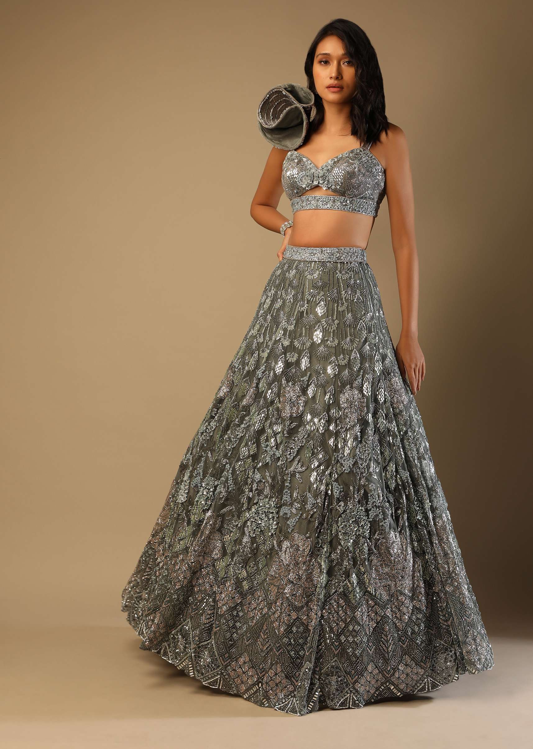 Fern Green Lehenga Choli In Net With Stone Hand Embroidered Floral Motifs And Fancy Origami Cones On The Shoulder