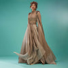 Mocha Brown Embroidered Ball Gown In Organza With A Gradient Shade Of Silver Lining