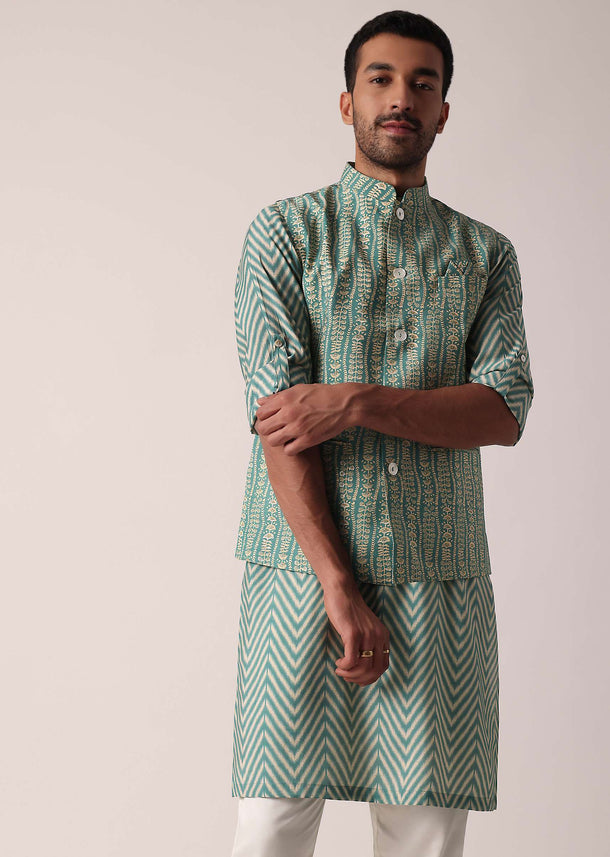 Festive Green Jacket Kurta Set For Men