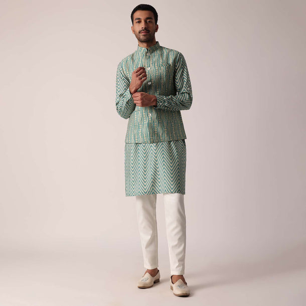 Festive Green Jacket Kurta Set For Men