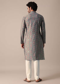 Festive Grey Jaipur Print Cotton Men Kurta Set