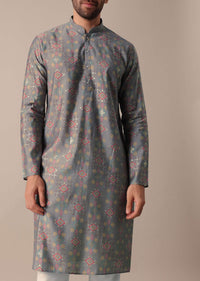 Festive Grey Jaipur Print Cotton Men Kurta Set
