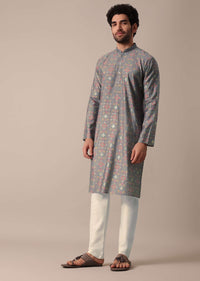 Festive Grey Jaipur Print Cotton Men Kurta Set