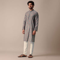 Festive Grey Jaipur Print Cotton Men Kurta Set
