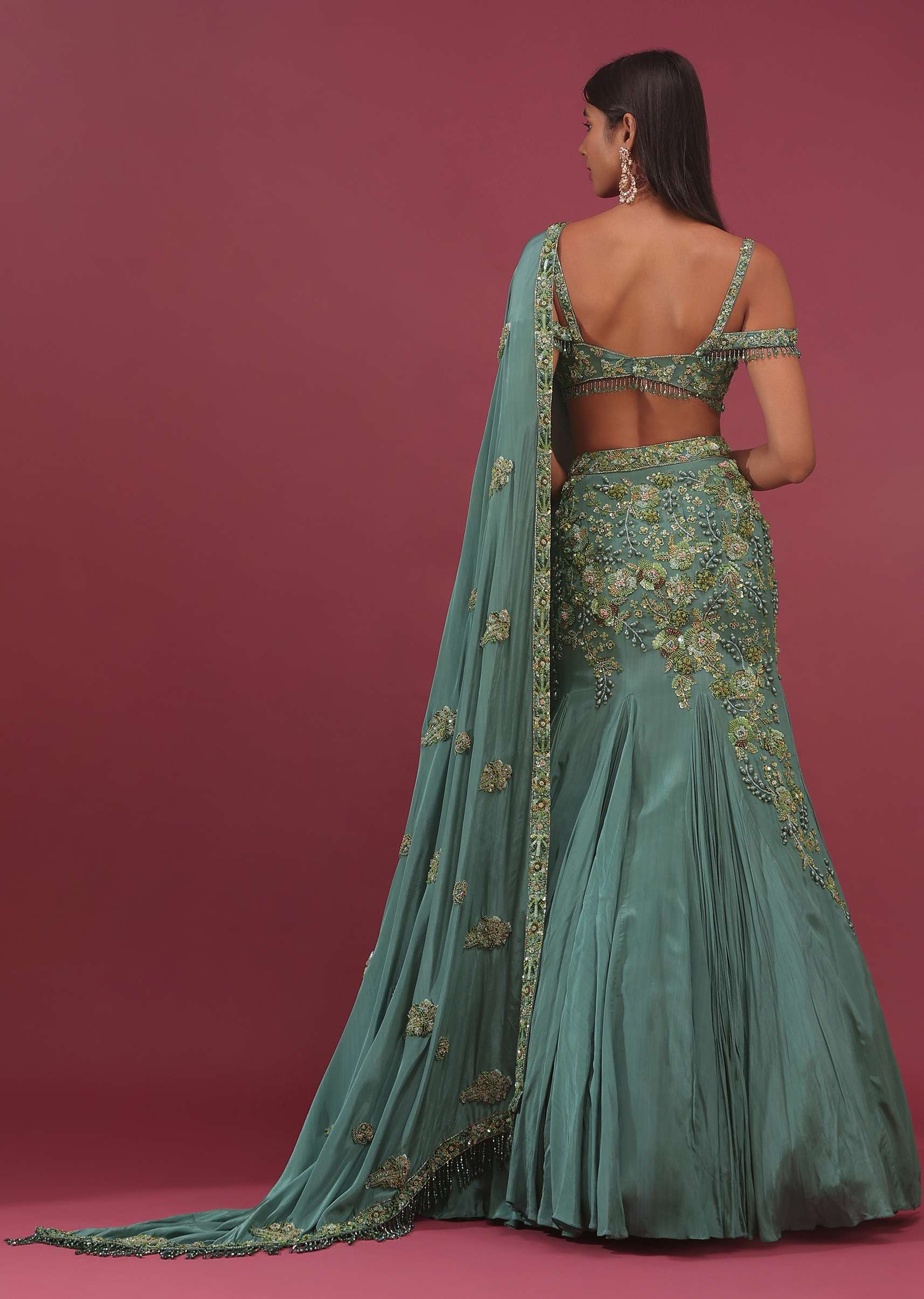 Mint Blue Lehenga Set In Pure Crepe Embroidered With Attached Dupatta - NOOR 2022