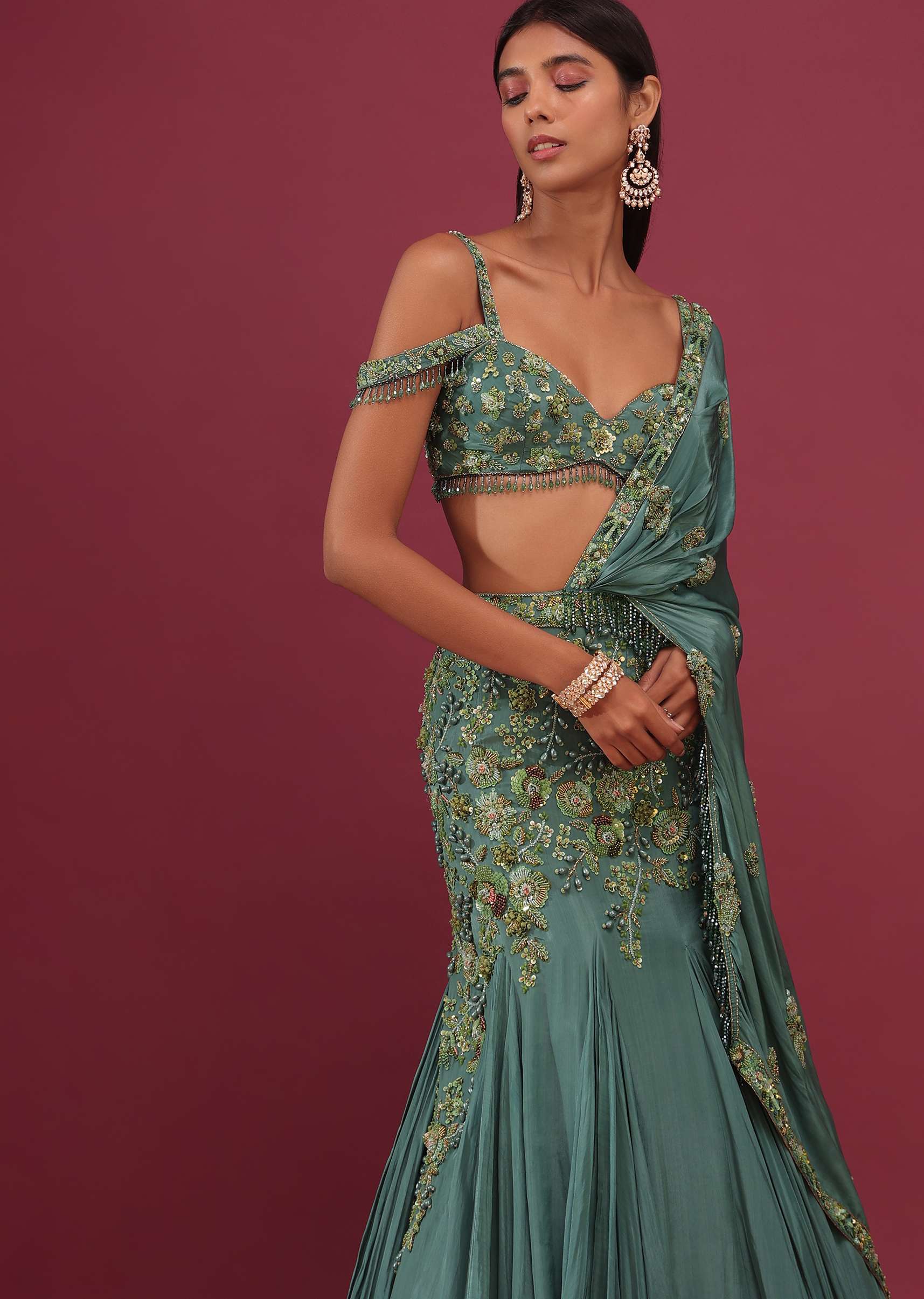 Mint Blue Pure Crepe Pleated Lehenga Set With Attached Dupatta - NOOR 2022