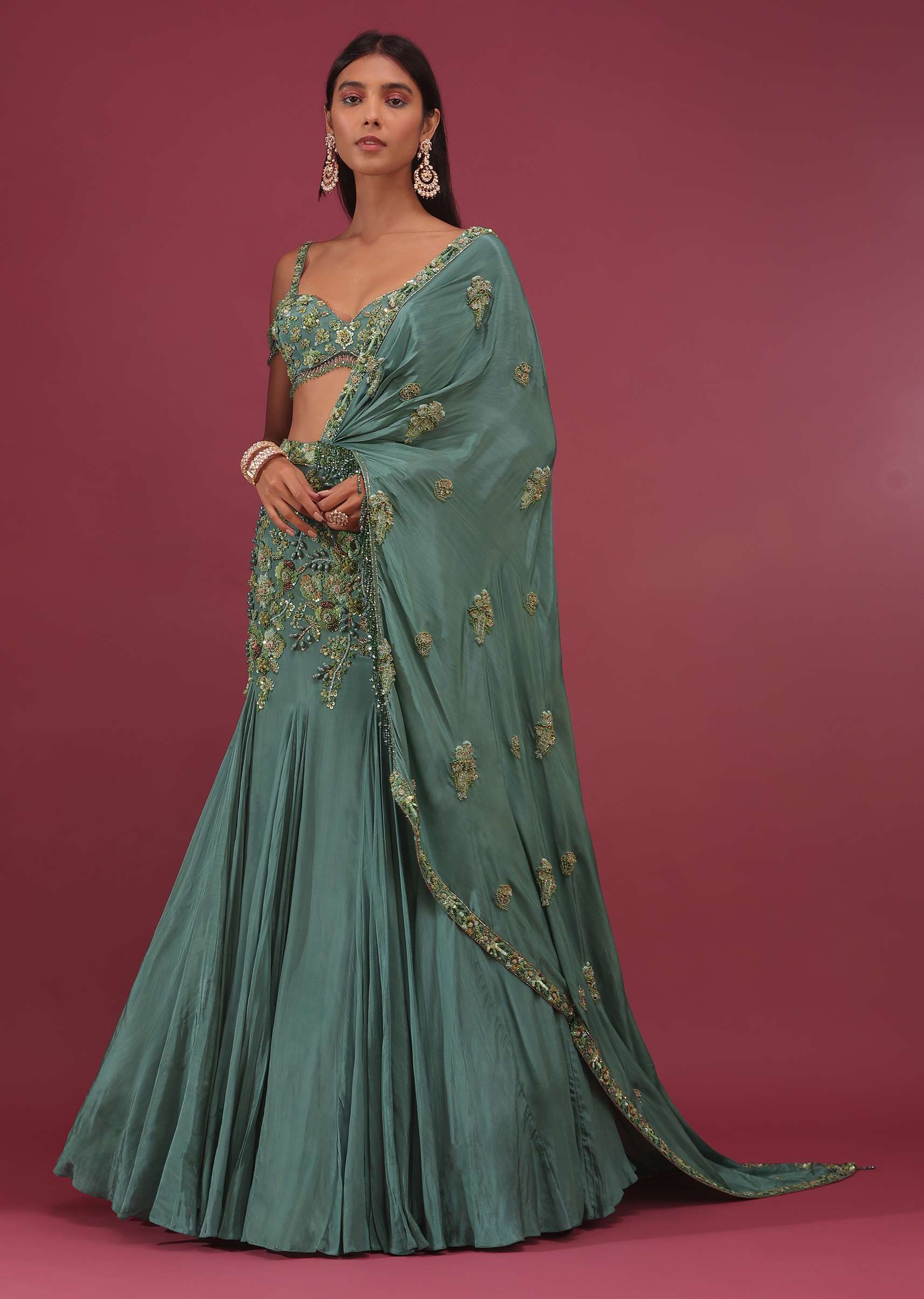 Mint Blue Lehenga Set In Pure Crepe Embroidered With Attached Dupatta - NOOR 2022