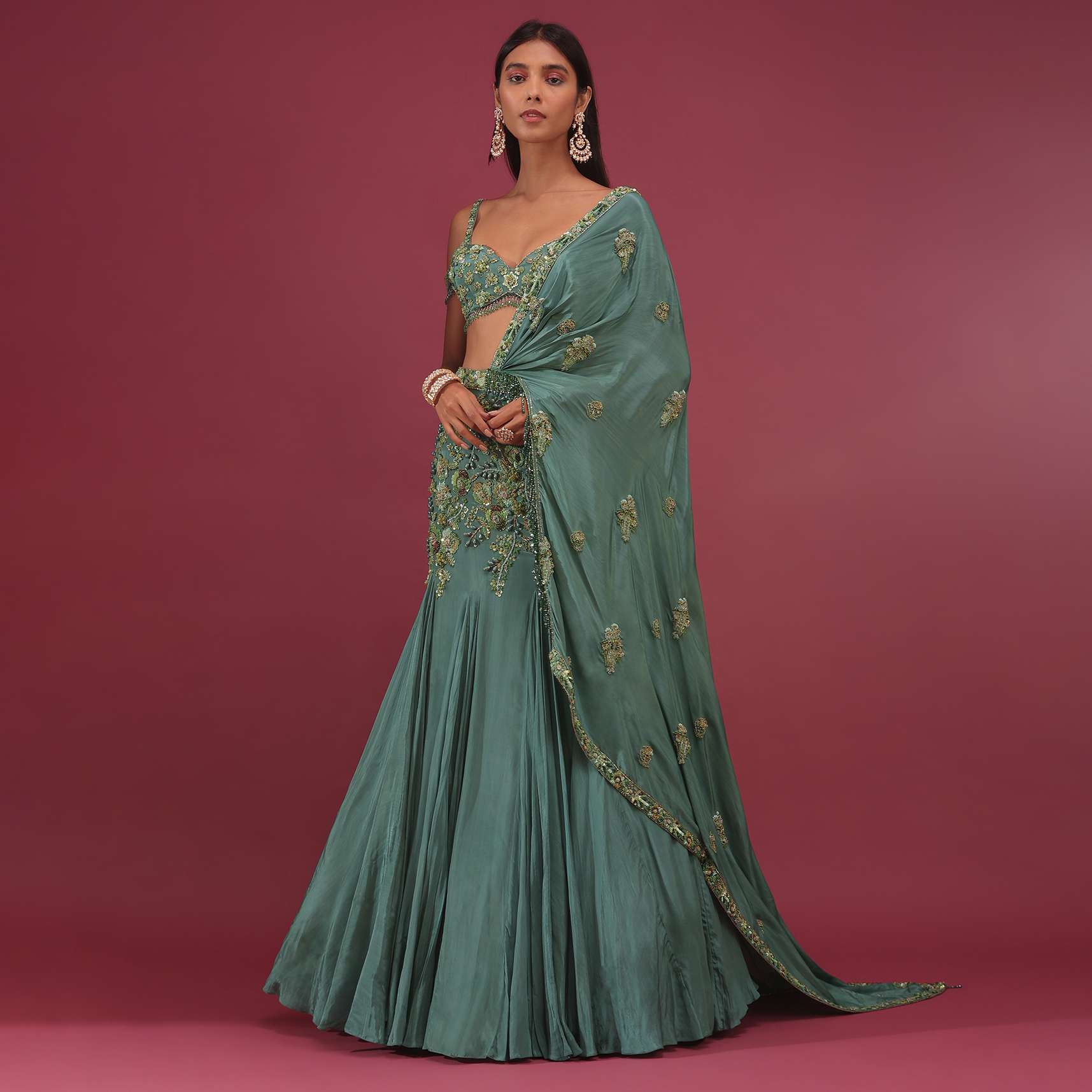 Mint Blue Pure Crepe Pleated Lehenga Set With Attached Dupatta - NOOR 2022