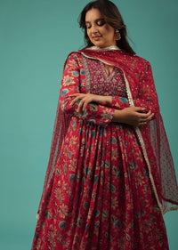 Festive Multicolor Anarkali Suit In Satin With Floral Print And Embroidery
