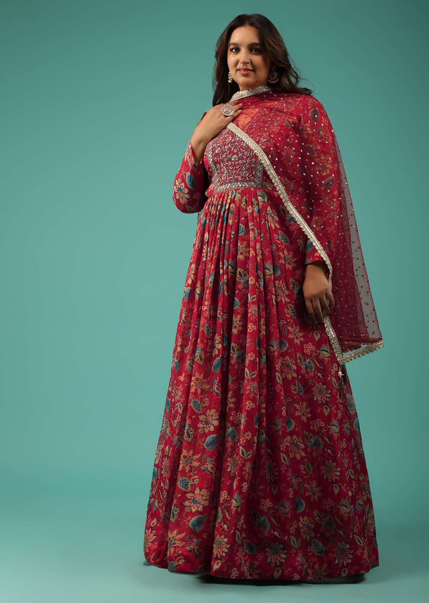 Festive Multicolor Anarkali Suit In Satin With Floral Print And Embroidery