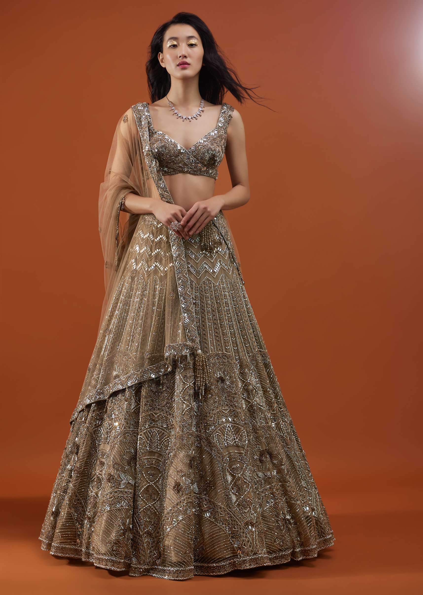 Mocha Brown Festive Ornate Lehenga In Net With Heavy Embroidery - NOOR 2022