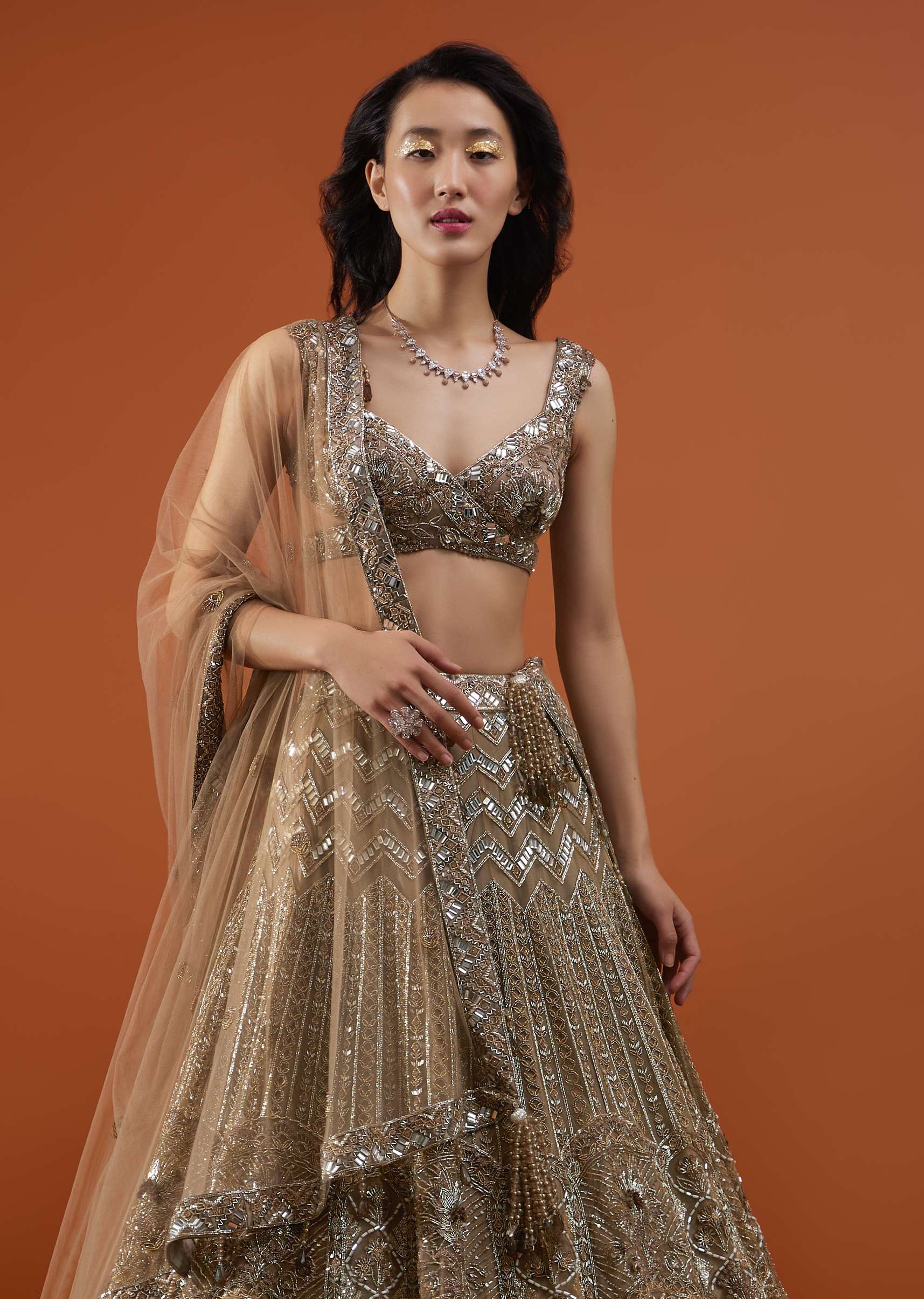 Mocha Brown Festive Ornate Lehenga In Net With Heavy Embroidery - NOOR 2022