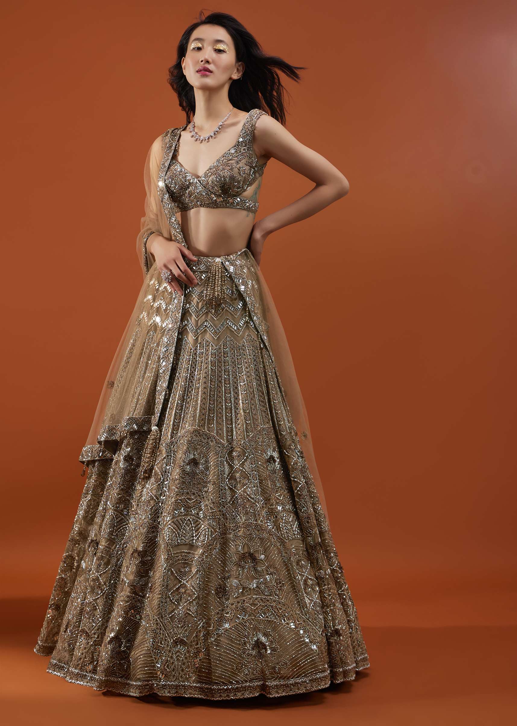 Mocha Brown Festive Ornate Net Lehenga In With Heavy Embroidery - NOOR 2022