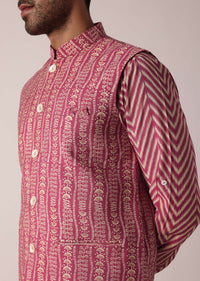 Festive Pink Jacket Kurta Set For Men With All-Over Print