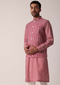 Festive Pink Jacket Kurta Set For Men With All-Over Print